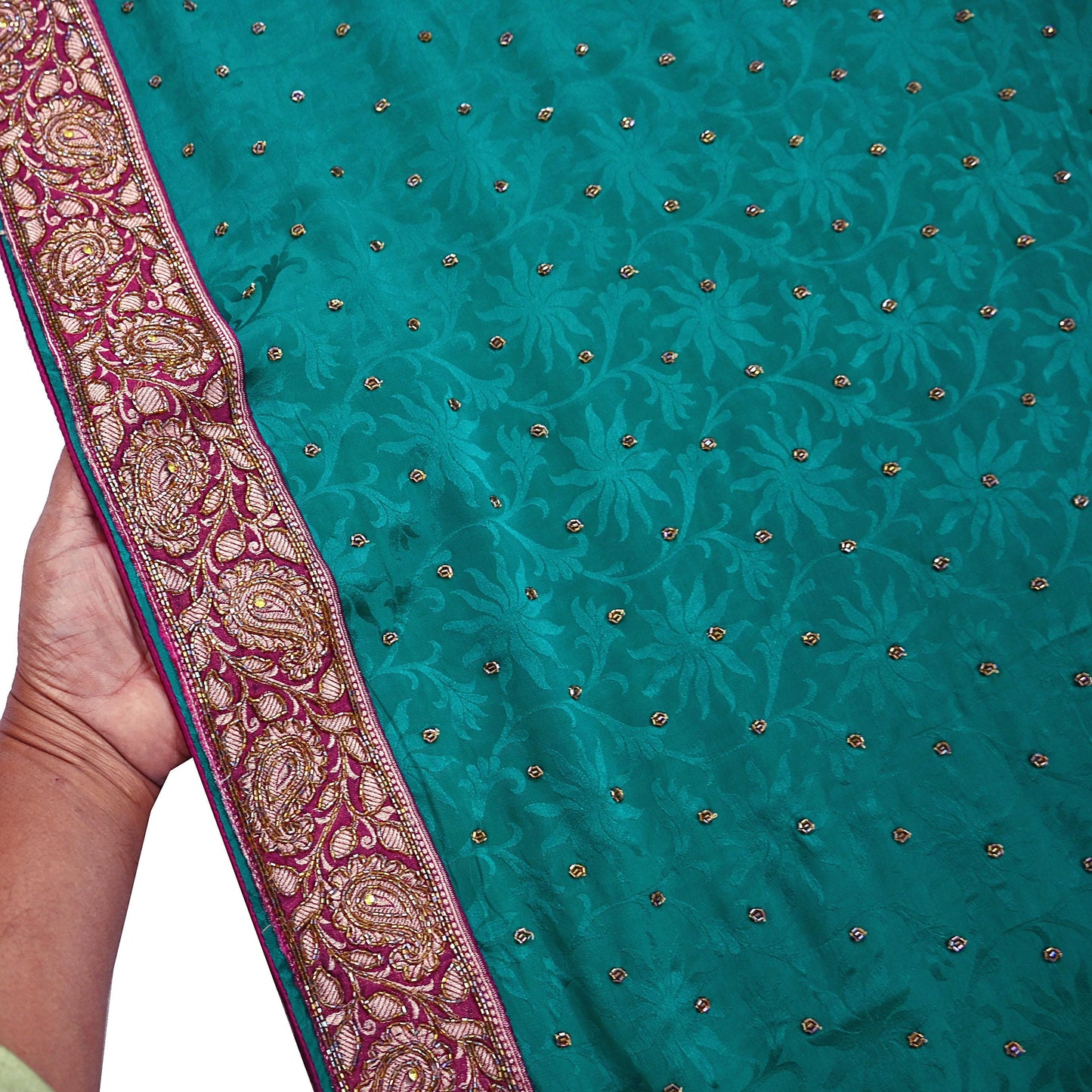 Indian Vintage Heavy Sari Green Pure Crepe Silk Hand Embroidered Sarees Craft Fabric 6Yd Sewing Zardozi Dress making