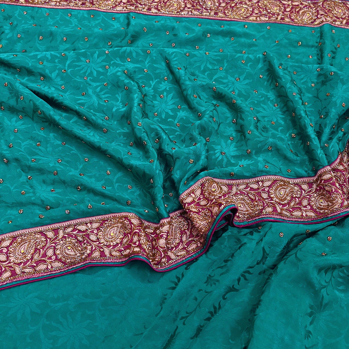 Indian Vintage Heavy Sari Green Pure Crepe Silk Hand Embroidered Sarees Craft Fabric 6Yd Sewing Zardozi Dress making