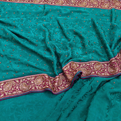 Indian Vintage Heavy Sari Green Pure Crepe Silk Hand Embroidered Sarees Craft Fabric 6Yd Sewing Zardozi Dress making