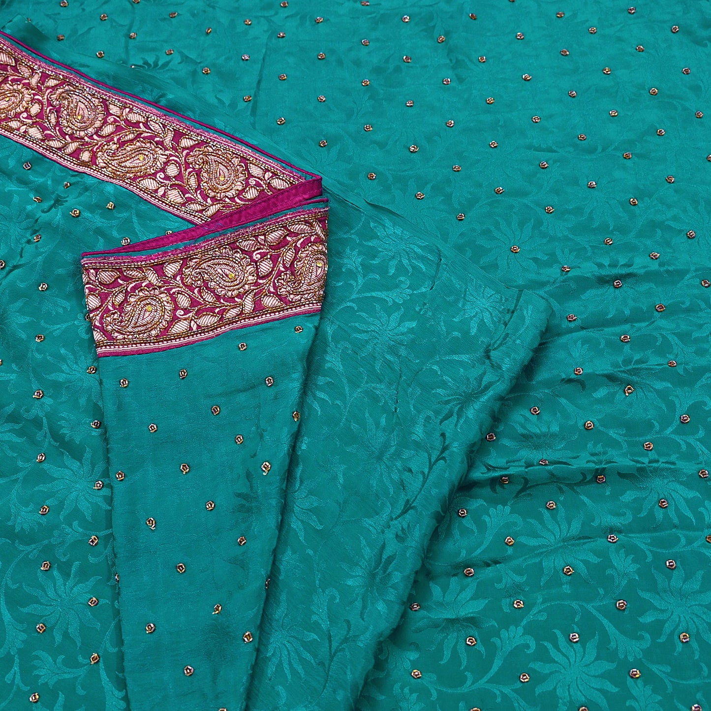 Indian Vintage Heavy Sari Green Pure Crepe Silk Hand Embroidered Sarees Craft Fabric 6Yd Sewing Zardozi Dress making