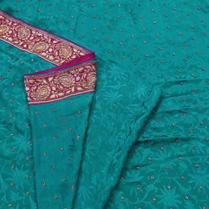 Indian Vintage Heavy Sari Green Pure Crepe Silk Hand Embroidered Sarees Craft Fabric 6Yd Sewing Zardozi Dress making