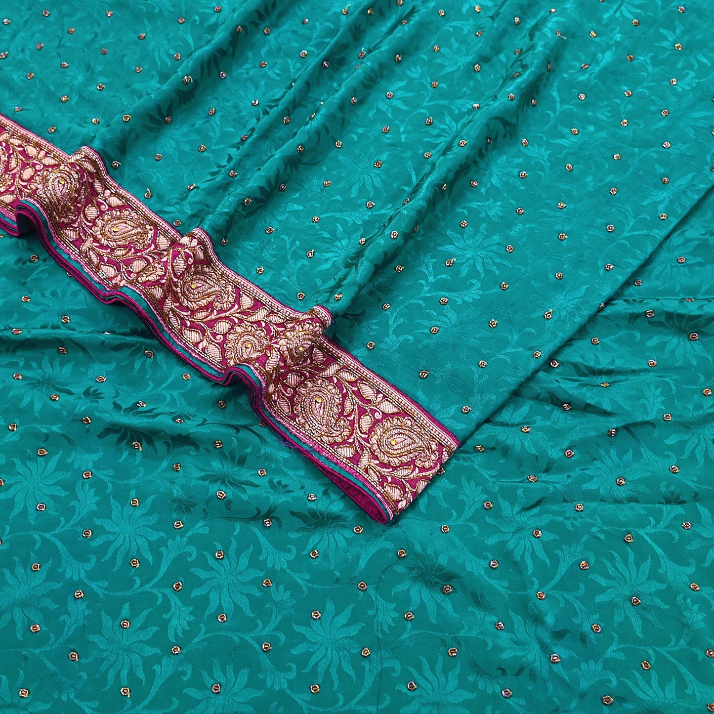 Indian Vintage Heavy Sari Green Pure Crepe Silk Hand Embroidered Sarees Craft Fabric 6Yd Sewing Zardozi Dress making