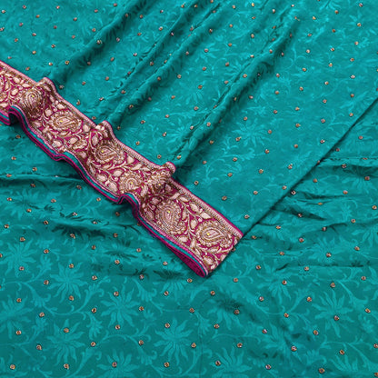 Indian Vintage Heavy Sari Green Pure Crepe Silk Hand Embroidered Sarees Craft Fabric 6Yd Sewing Zardozi Dress making