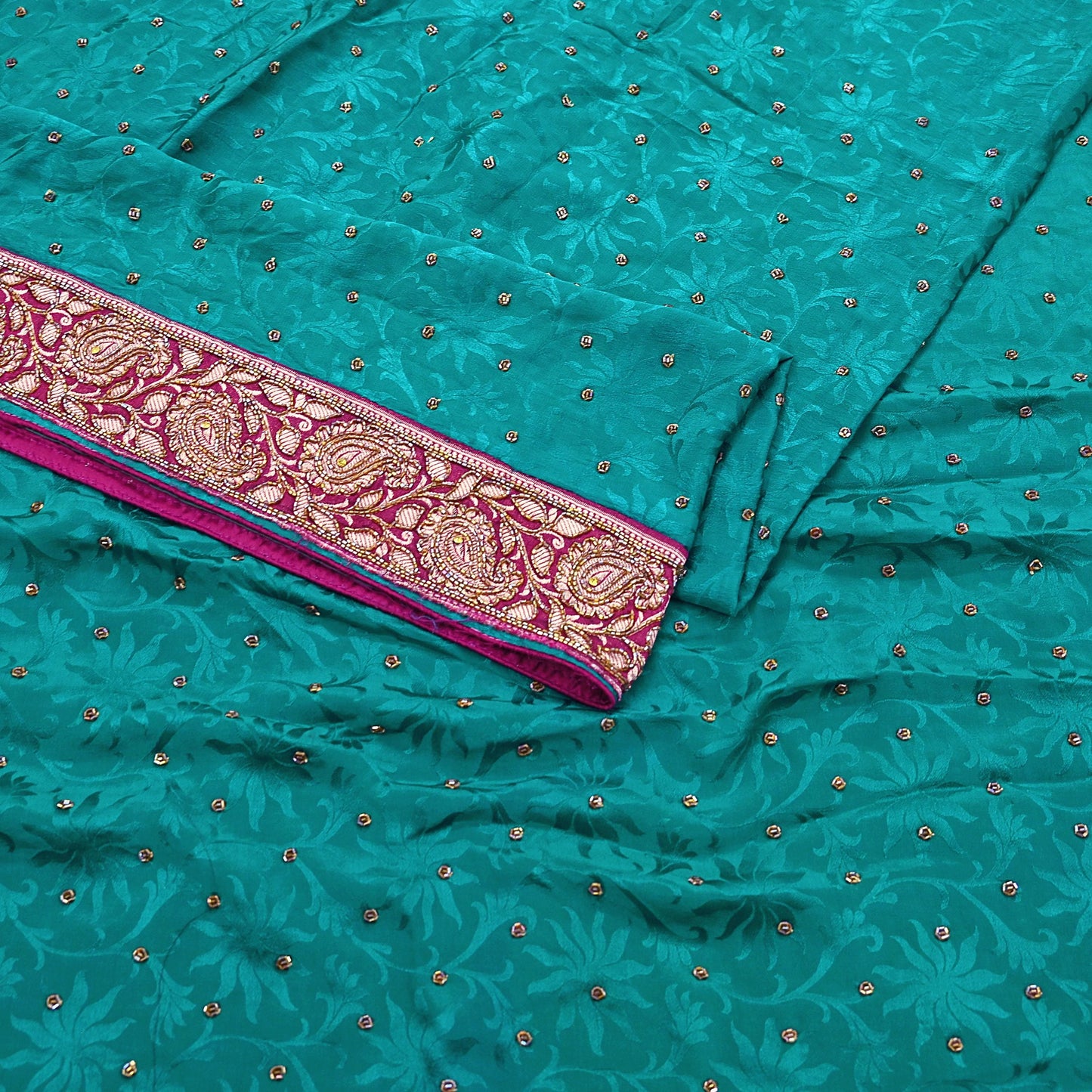 Indian Vintage Heavy Sari Green Pure Crepe Silk Hand Embroidered Sarees Craft Fabric 6Yd Sewing Zardozi Dress making