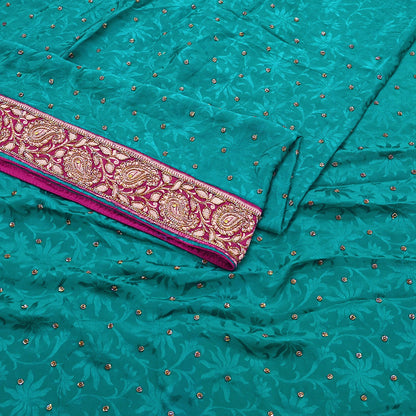 Indian Vintage Heavy Sari Green Pure Crepe Silk Hand Embroidered Sarees Craft Fabric 6Yd Sewing Zardozi Dress making