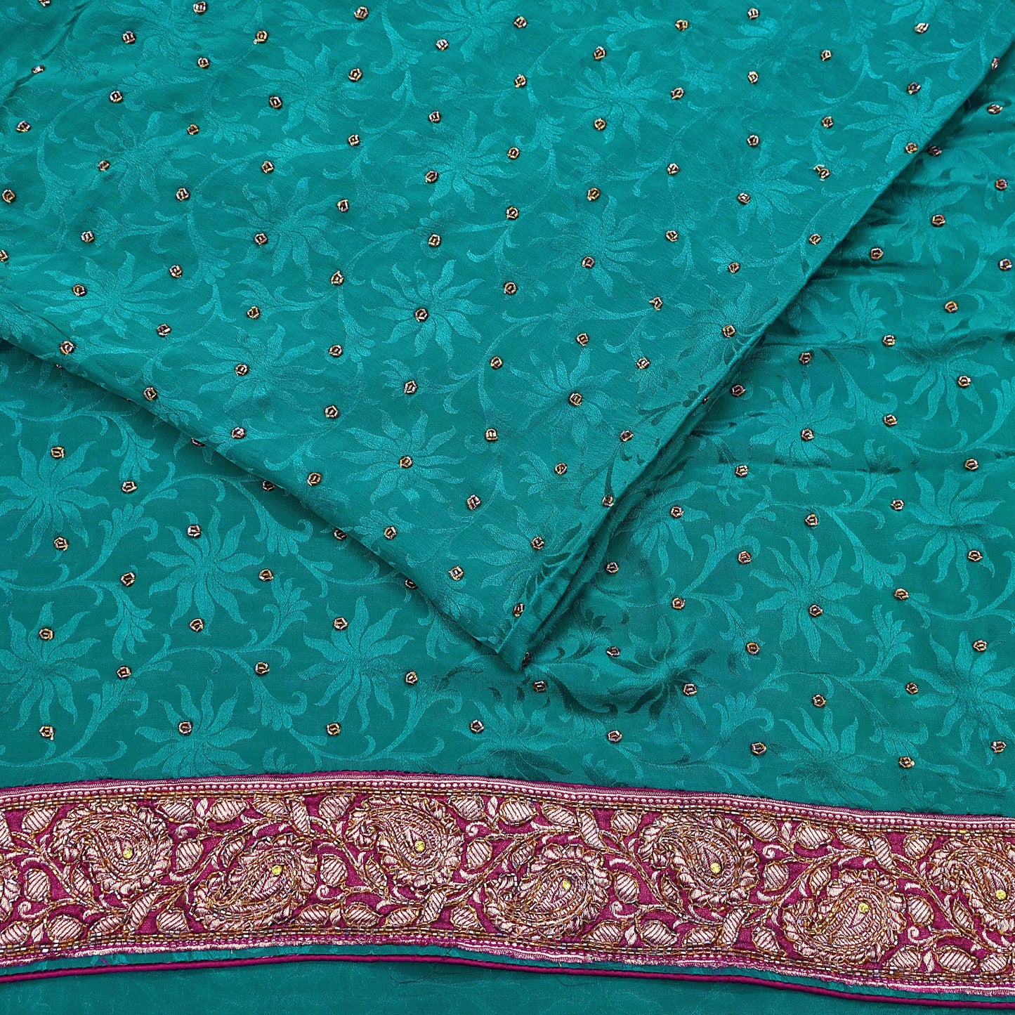 Indian Vintage Heavy Sari Green Pure Crepe Silk Hand Embroidered Sarees Craft Fabric 6Yd Sewing Zardozi Dress making