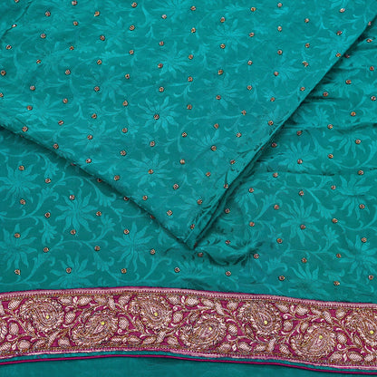Indian Vintage Heavy Sari Green Pure Crepe Silk Hand Embroidered Sarees Craft Fabric 6Yd Sewing Zardozi Dress making