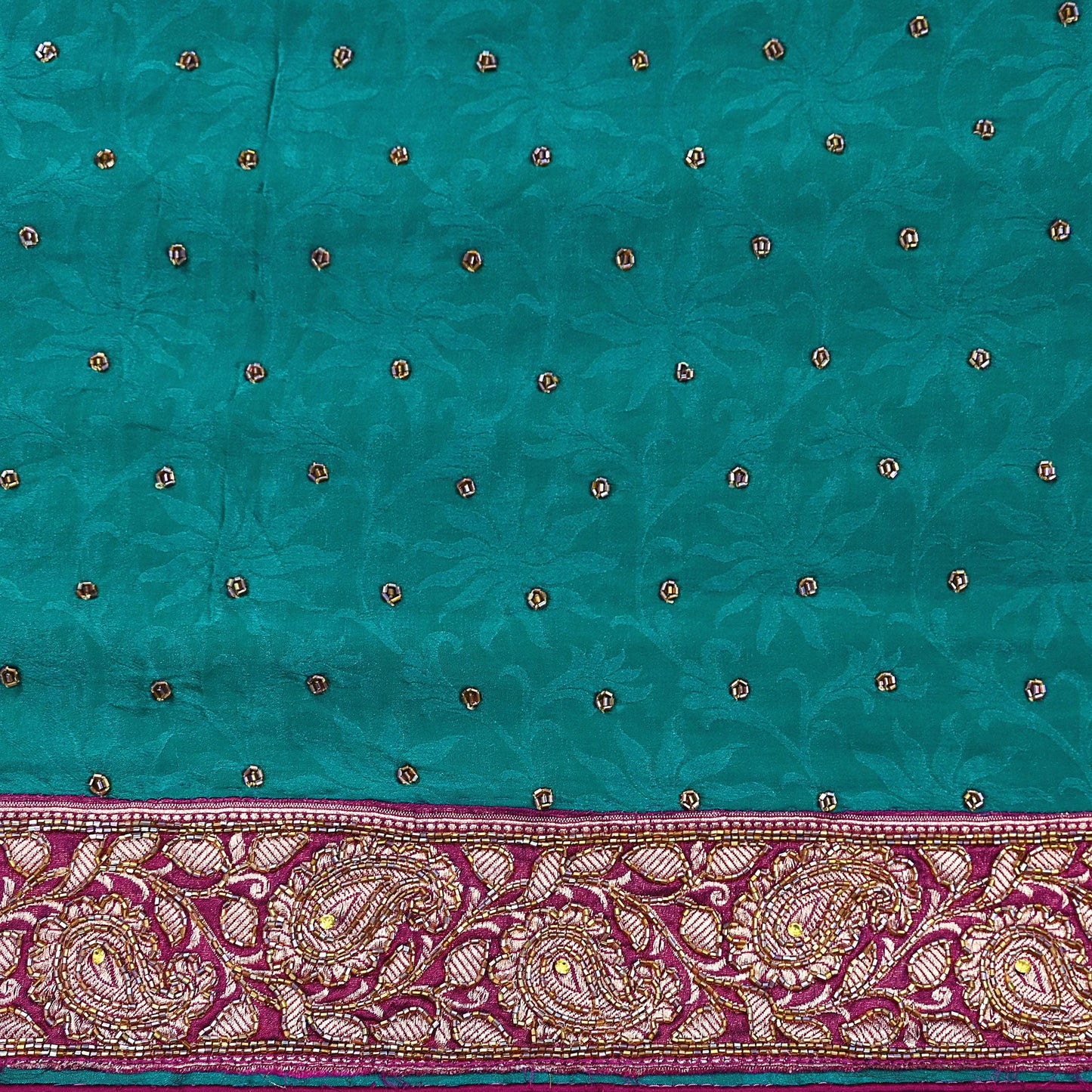Indian Vintage Heavy Sari Green Pure Crepe Silk Hand Embroidered Sarees Craft Fabric 6Yd Sewing Zardozi Dress making
