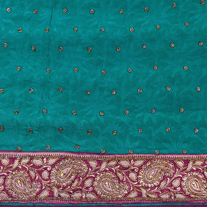 Indian Vintage Heavy Sari Green Pure Crepe Silk Hand Embroidered Sarees Craft Fabric 6Yd Sewing Zardozi Dress making