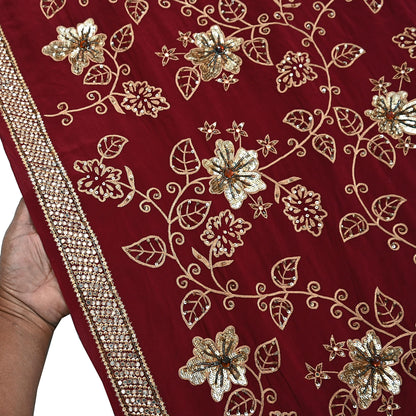 Indian Vintage Purple Saree Pure Crepe Silk Hand Embroidered Sari Craft Fabric 5Yd Sewing Soft Zari Dress making
