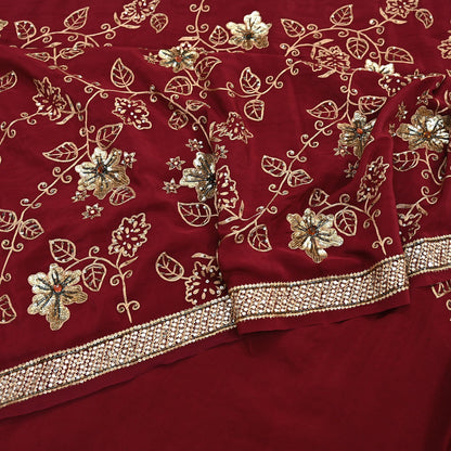 Indian Vintage Purple Saree Pure Crepe Silk Hand Embroidered Sari Craft Fabric 5Yd Sewing Soft Zari Dress making