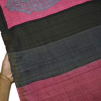 Indian Vintage Heavy Sari Pink & Black Pure Khadi Silk Handloom Saree Craft Fabric 6yd Ethnic Wear Dress making For Crafting Quilting