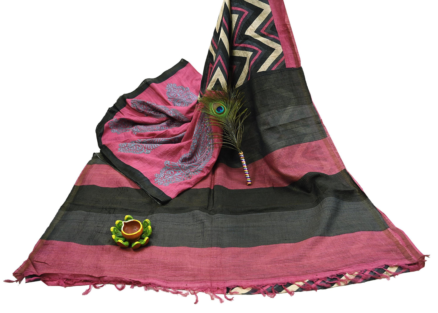 Indian Vintage Heavy Sari Pink & Black Pure Khadi Silk Handloom Saree Craft Fabric 6yd Ethnic Wear Dress making For Crafting Quilting