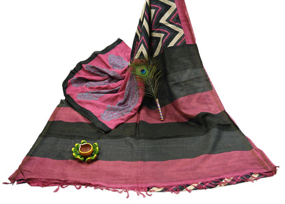 Indian Vintage Heavy Sari Pink & Black Pure Khadi Silk Handloom Saree Craft Fabric 6yd Ethnic Wear Dress making For Crafting Quilting
