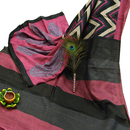 Indian Vintage Heavy Sari Pink & Black Pure Khadi Silk Handloom Saree Craft Fabric 6yd Ethnic Wear Dress making For Crafting Quilting