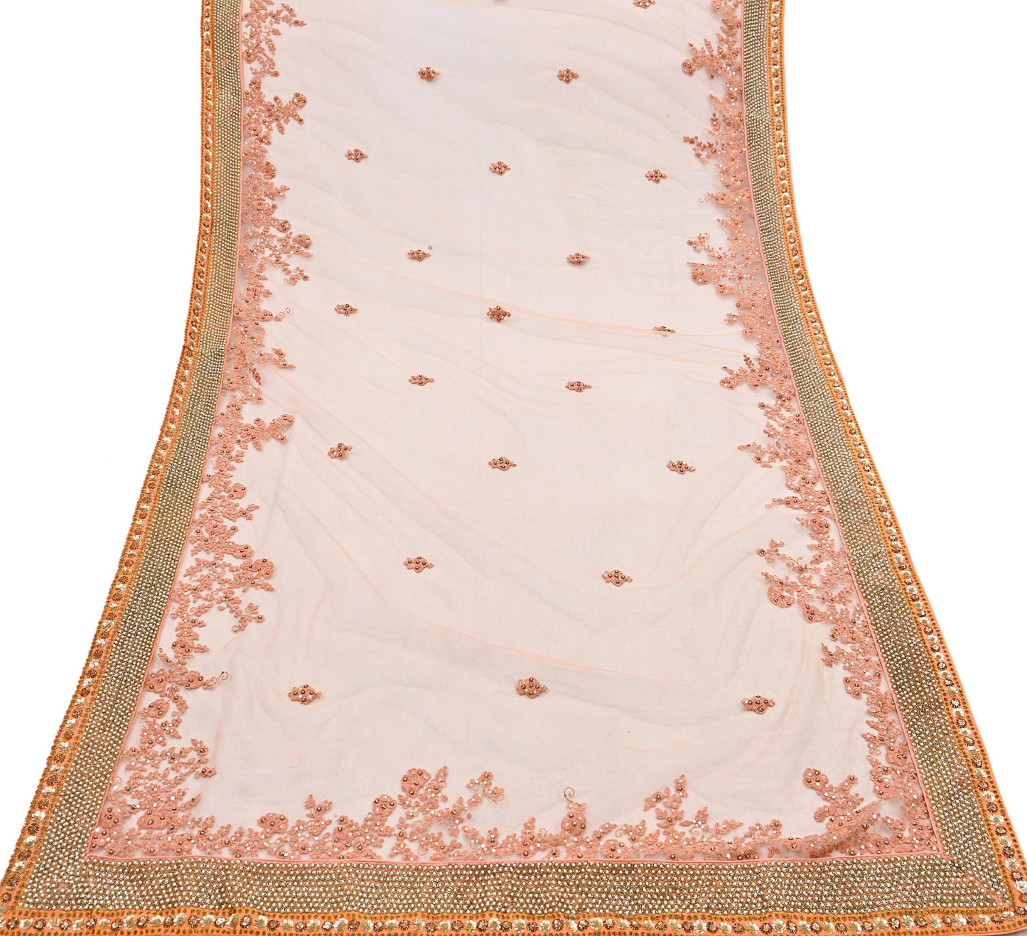 Indian Vintage Heavy Wedding Dupatta Peach Net Long Stole Hand Embroidered By Designer Sabyasachi Scarves Zardozi Bridal Veil