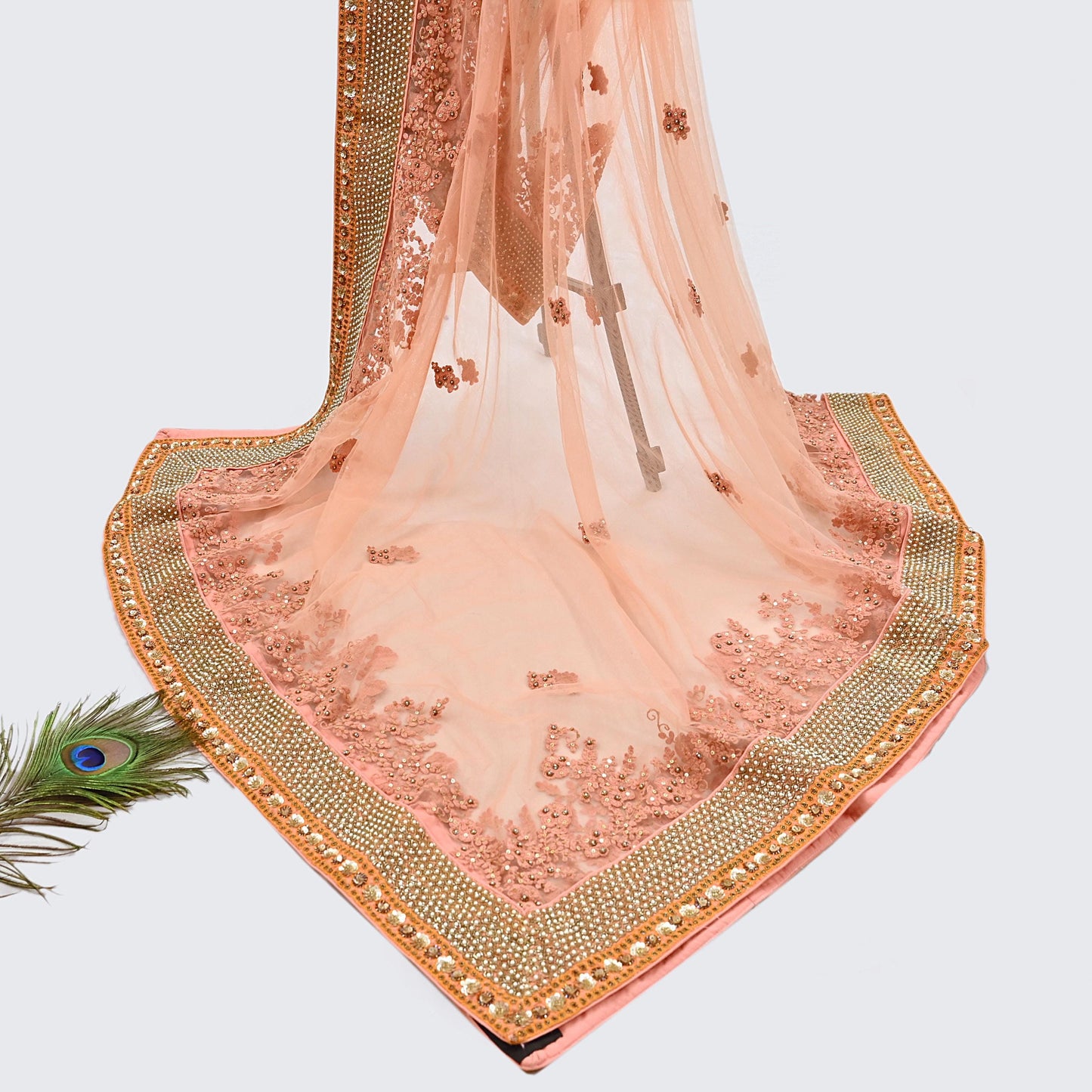 Indian Vintage Heavy Wedding Dupatta Peach Net Long Stole Hand Embroidered By Designer Sabyasachi Scarves Zardozi Bridal Veil