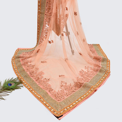 Indian Vintage Heavy Wedding Dupatta Peach Net Long Stole Hand Embroidered By Designer Sabyasachi Scarves Zardozi Bridal Veil