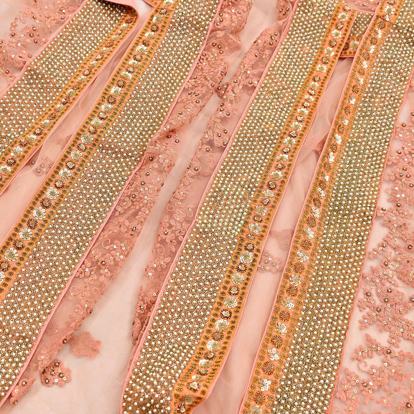 Indian Vintage Heavy Wedding Dupatta Peach Net Long Stole Hand Embroidered By Designer Sabyasachi Scarves Zardozi Bridal Veil