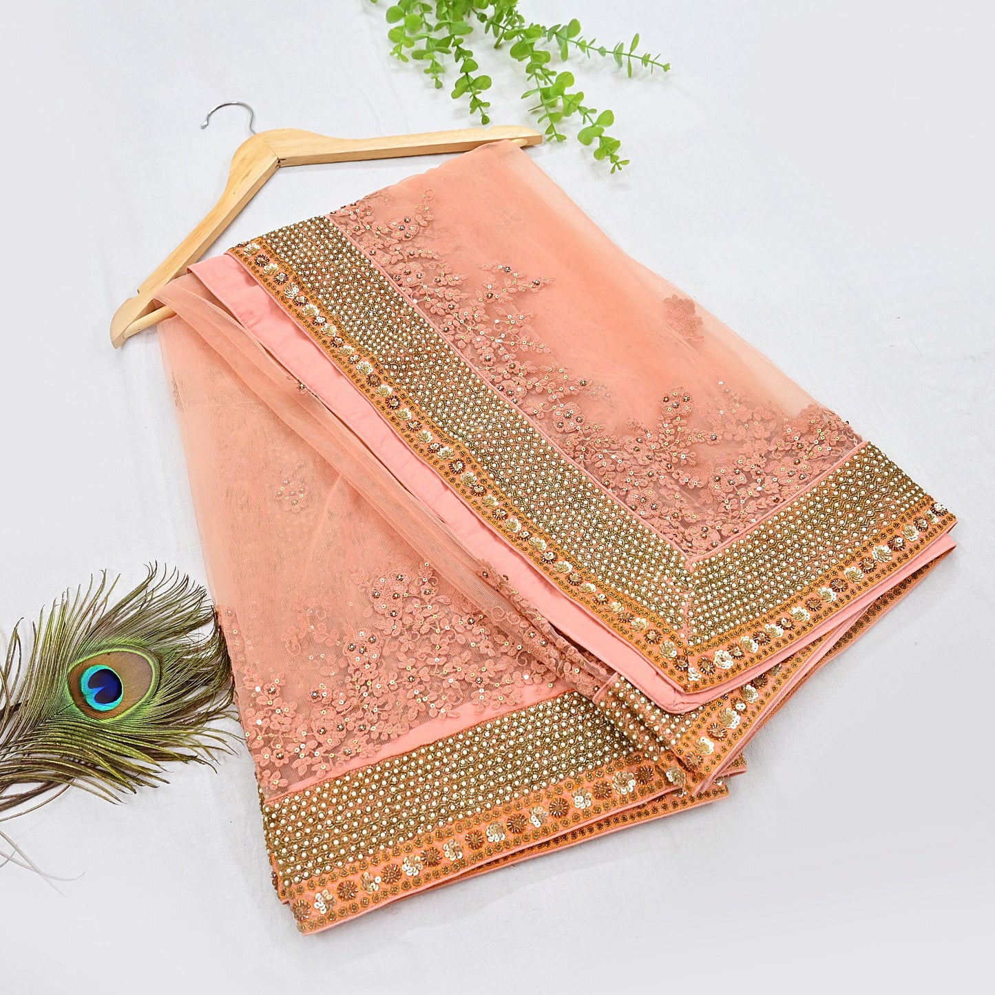 Indian Vintage Heavy Wedding Dupatta Peach Net Long Stole Hand Embroidered By Designer Sabyasachi Scarves Zardozi Bridal Veil