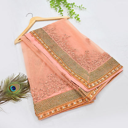 Indian Vintage Heavy Wedding Dupatta Peach Net Long Stole Hand Embroidered By Designer Sabyasachi Scarves Zardozi Bridal Veil