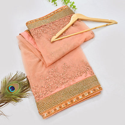 Indian Vintage Heavy Wedding Dupatta Peach Net Long Stole Hand Embroidered By Designer Sabyasachi Scarves Zardozi Bridal Veil