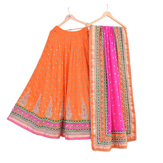 Indian Pre-owned Heavy Rani Pink & Orange Pure silk Hand Embroidered Lehenga Set Of 2pcs Designer By Manish Malhotra Party Wear