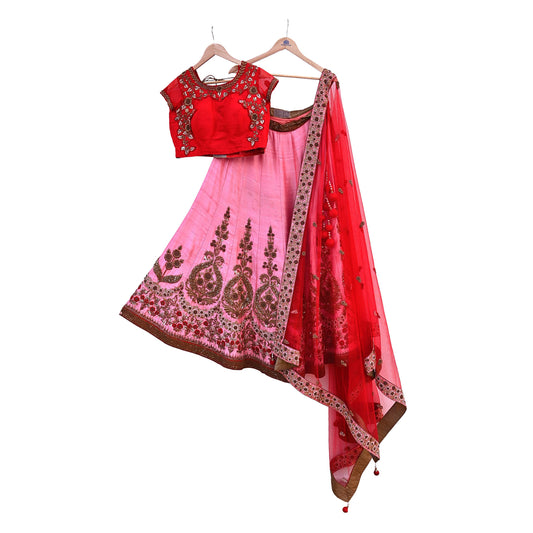 Indian Heavy Pink Red Raw Silk & Net Hand Embroidered Lehenga 3pcs Set Designer By Manish Malhotra Party Wear