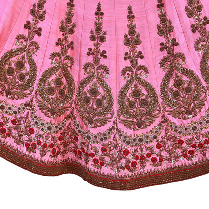 Indian Vintage Heavy Pink Raw Silk Hand Embroidered Lehenga/Skirt By Designer Sabyasachi Bridal Wear Dabka/ Zardozi