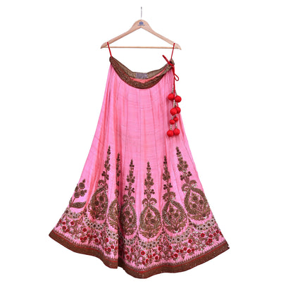 Indian Vintage Heavy Pink Raw Silk Hand Embroidered Lehenga/Skirt By Designer Sabyasachi Bridal Wear Dabka/ Zardozi