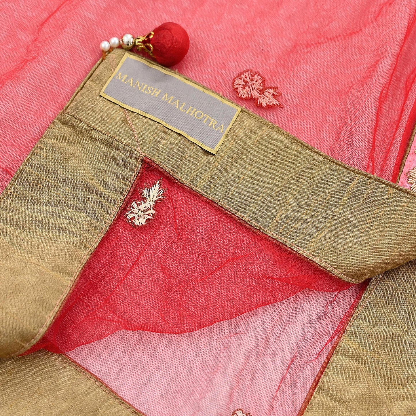 Indian Vintage Heavy Wedding Red Net/Mesh Hand Embroidered Dupatta Designer By Manish Malhotra Bridal Wear Zardozi Veil Hijab