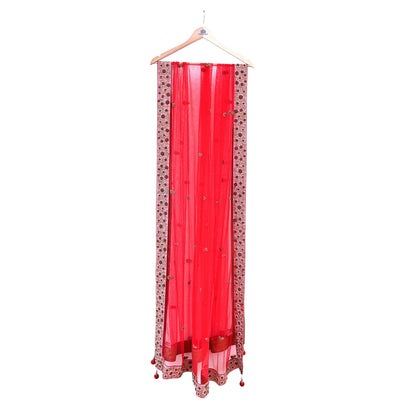 Indian Vintage Heavy Wedding Red Net/Mesh Hand Embroidered Dupatta Designer By Manish Malhotra Bridal Wear Zardozi Veil Hijab