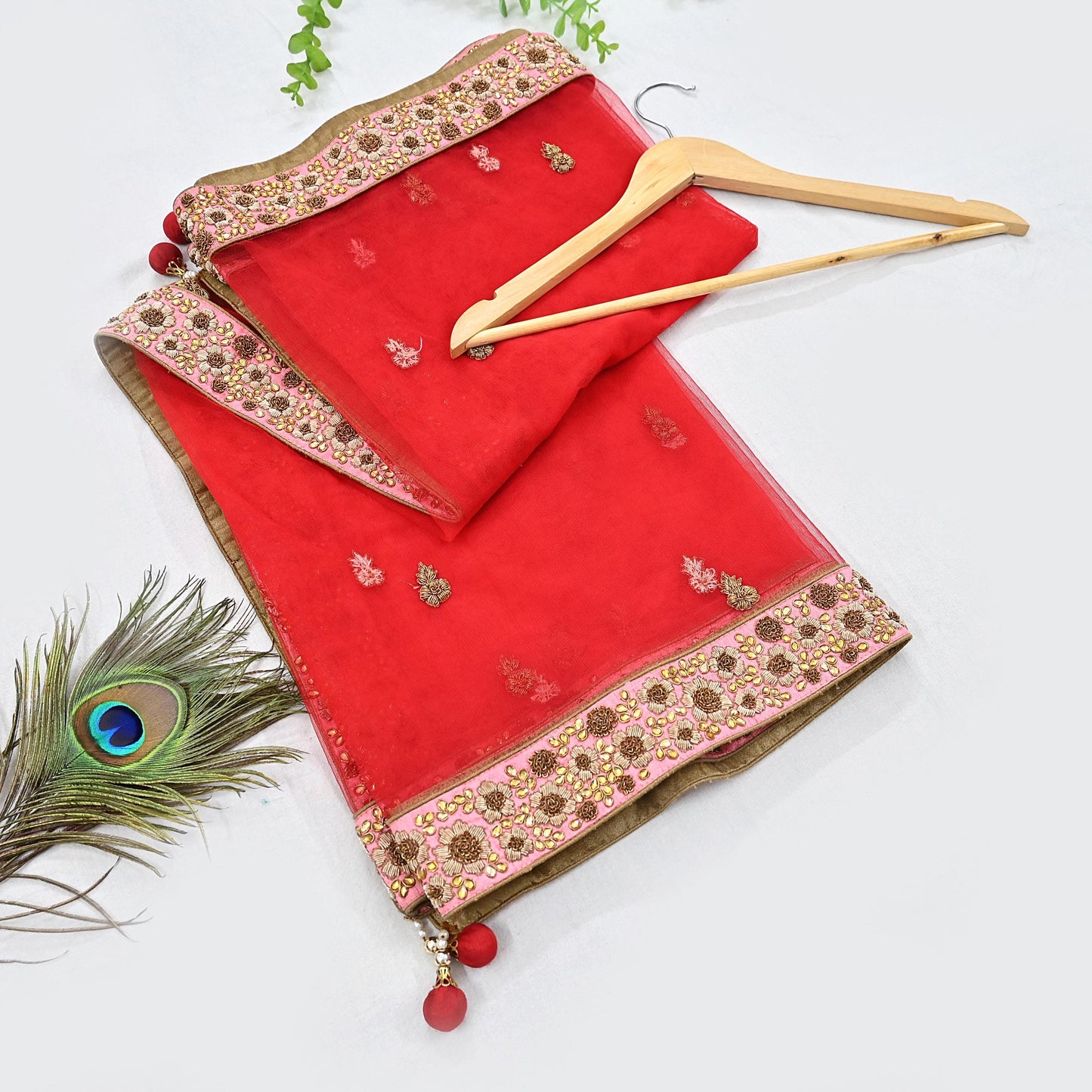 Indian Vintage Heavy Wedding Red Net/Mesh Hand Embroidered Dupatta Designer By Manish Malhotra Bridal Wear Zardozi Veil Hijab