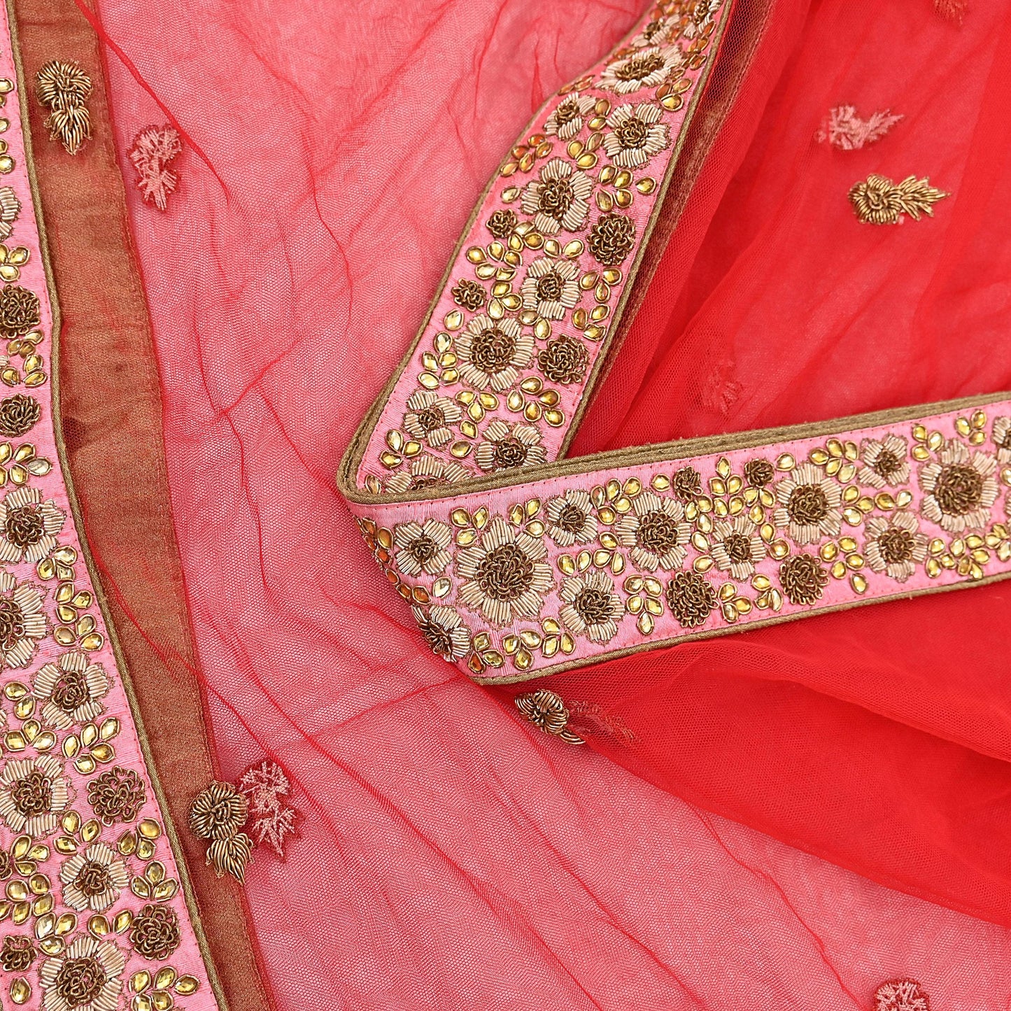 Indian Vintage Heavy Wedding Red Net/Mesh Hand Embroidered Dupatta Designer By Manish Malhotra Bridal Wear Zardozi Veil Hijab