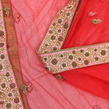 Indian Vintage Heavy Wedding Red Net/Mesh Hand Embroidered Dupatta Designer By Manish Malhotra Bridal Wear Zardozi Veil Hijab
