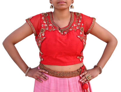 Indian Pre-owned Red raw silk Hand Embroidered By Designer manish malhotra Padded Blouse/Top/Crop L Size Party wear Bollywood