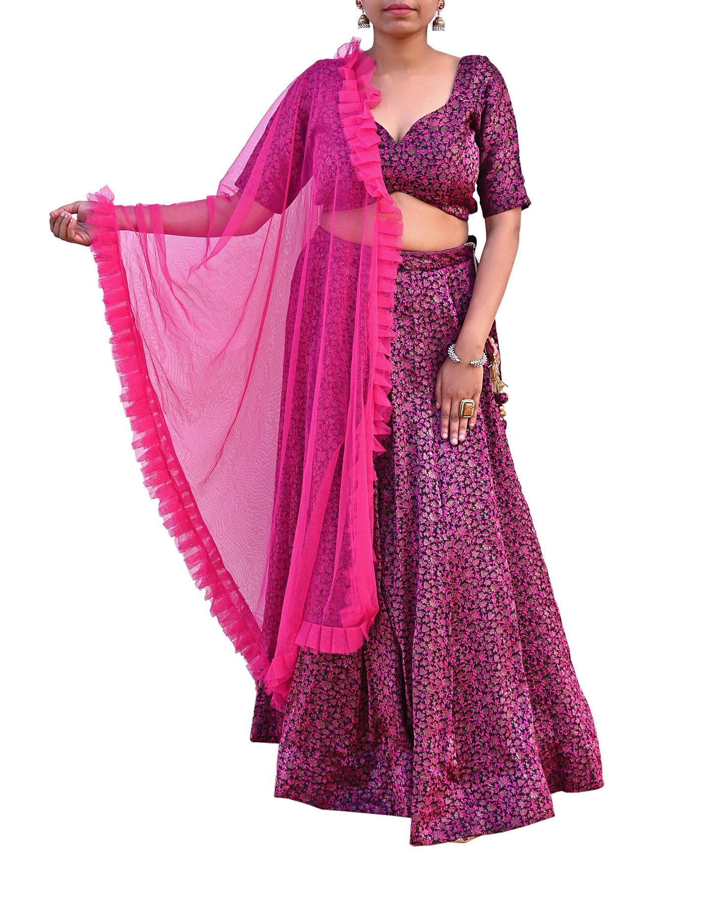 Black Pink Pure silk Heavy Handwoven Brocade Indian Bridal Outfit, 3pc Set Wedding Lehenga Choli Dupatta, Party Wear Reception Wear