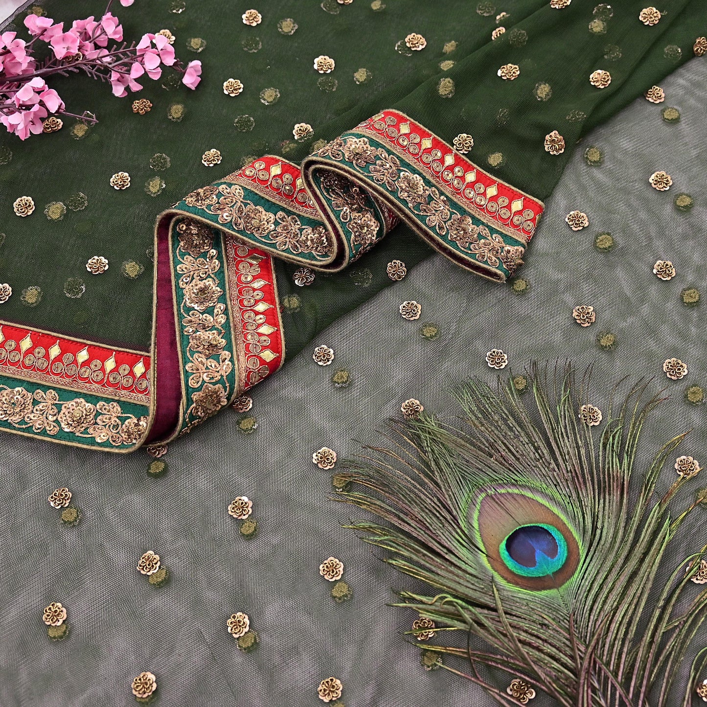 Indian Heavy Wedding Dupatta green Net Long Stole Hand Embroidered By Designer Sabyasachi Scarves Zardozi Bridal Veil