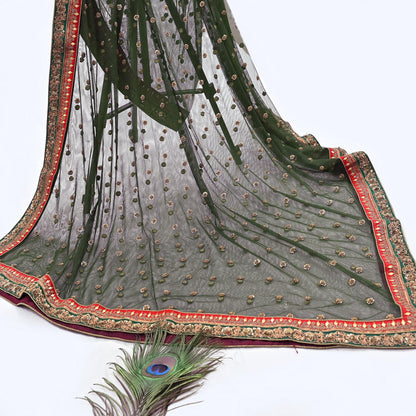 Indian Heavy Wedding Dupatta green Net Long Stole Hand Embroidered By Designer Sabyasachi Scarves Zardozi Bridal Veil