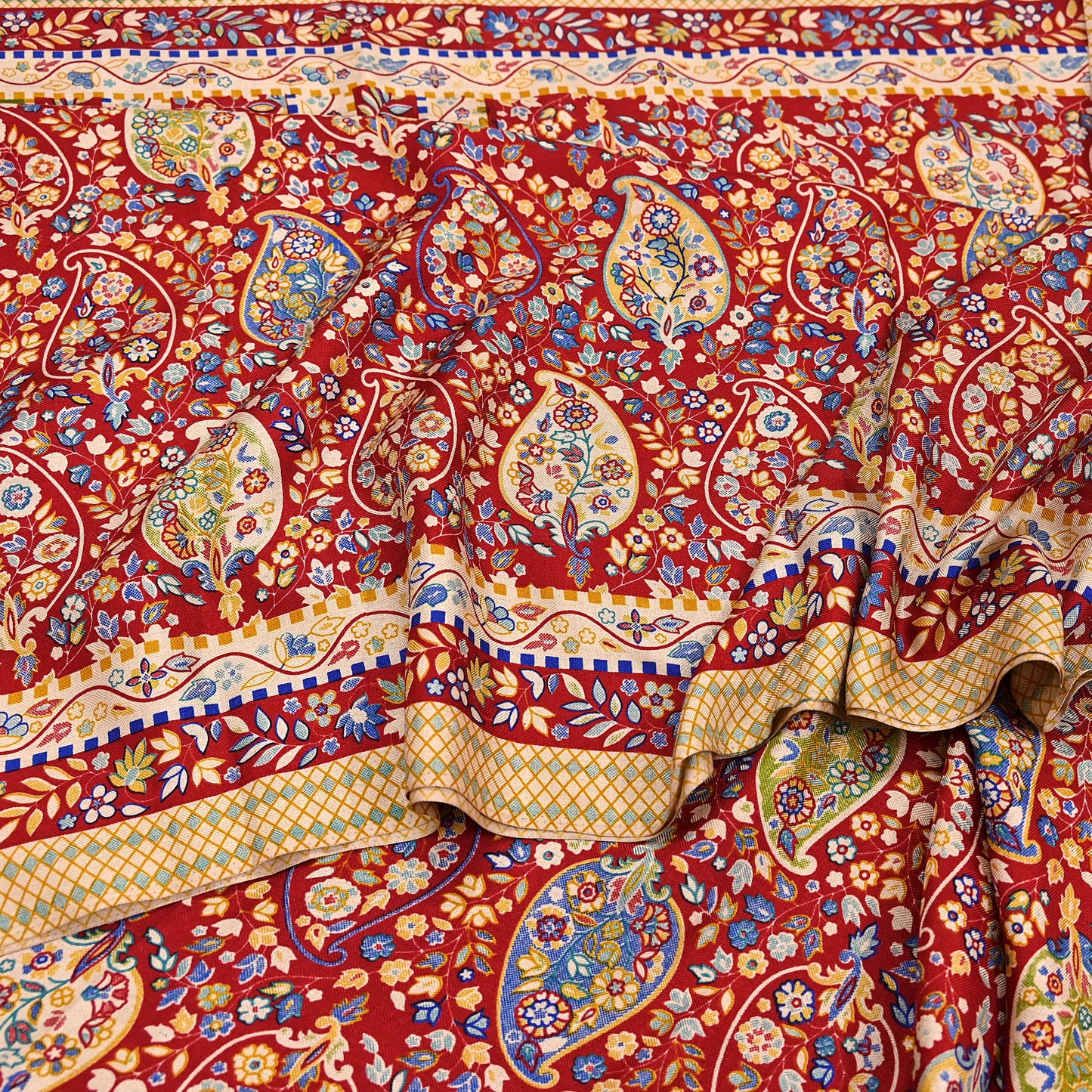 Vintage Red Saree Indian Woolen Woven Floral Fabric 6 Yard Soft Warm Craft Material for Winter Sewing & Dressmaking