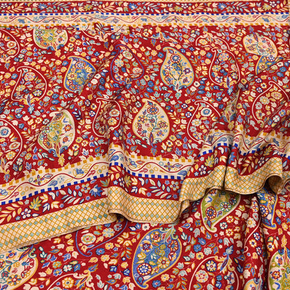 Vintage Red Saree Indian Woolen Woven Floral Fabric 6 Yard Soft Warm Craft Material for Winter Sewing & Dressmaking