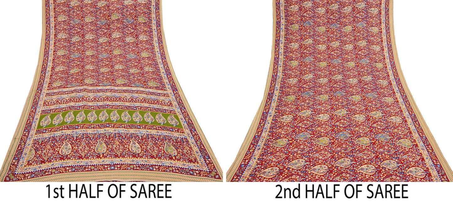 Vintage Red Saree Indian Woolen Woven Floral Fabric 6 Yard Soft Warm Craft Material for Winter Sewing & Dressmaking