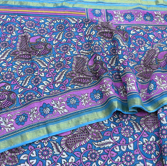 Indian Vintage Sari Blue & Purple Kalamkari Printed Pure Cotton Saree Fabric Soft Floral 5Yd Sarong Wrap Fabric Peacock