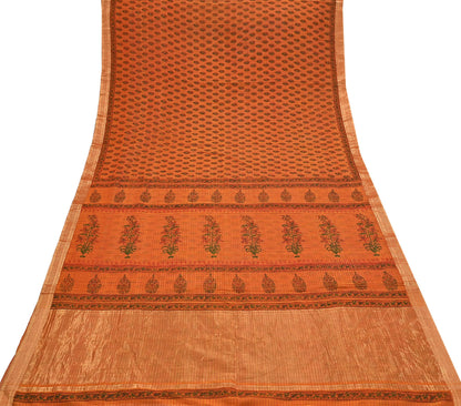 Indian Vintage Sari saffron & red Block Printed Pure Cotton Saree Craft Fabric 6Yd Sewing Sarong Wrap Boho Crafting Upcycle Quilting Zari
