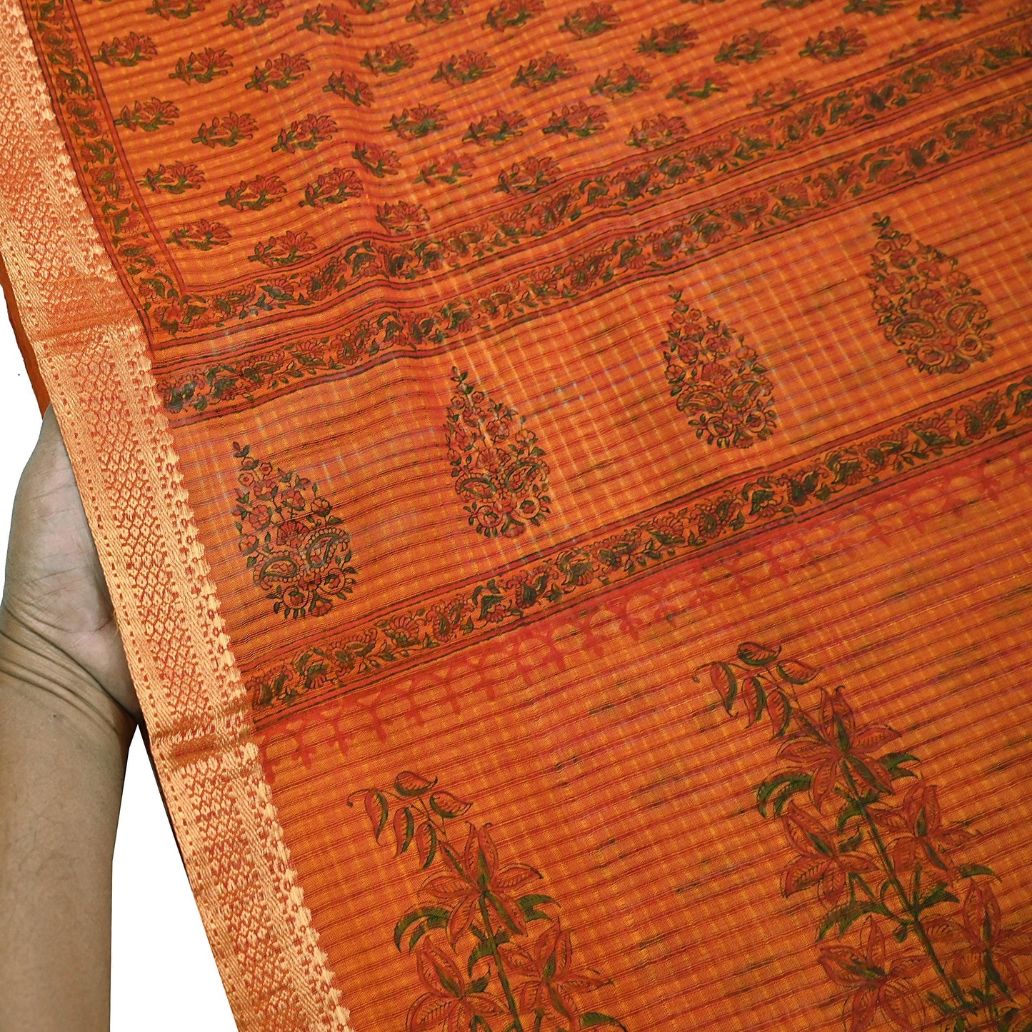 Indian Vintage Sari saffron & red Block Printed Pure Cotton Saree Craft Fabric 6Yd Sewing Sarong Wrap Boho Crafting Upcycle Quilting Zari