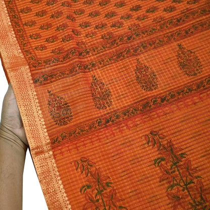 Indian Vintage Sari saffron & red Block Printed Pure Cotton Saree Craft Fabric 6Yd Sewing Sarong Wrap Boho Crafting Upcycle Quilting Zari