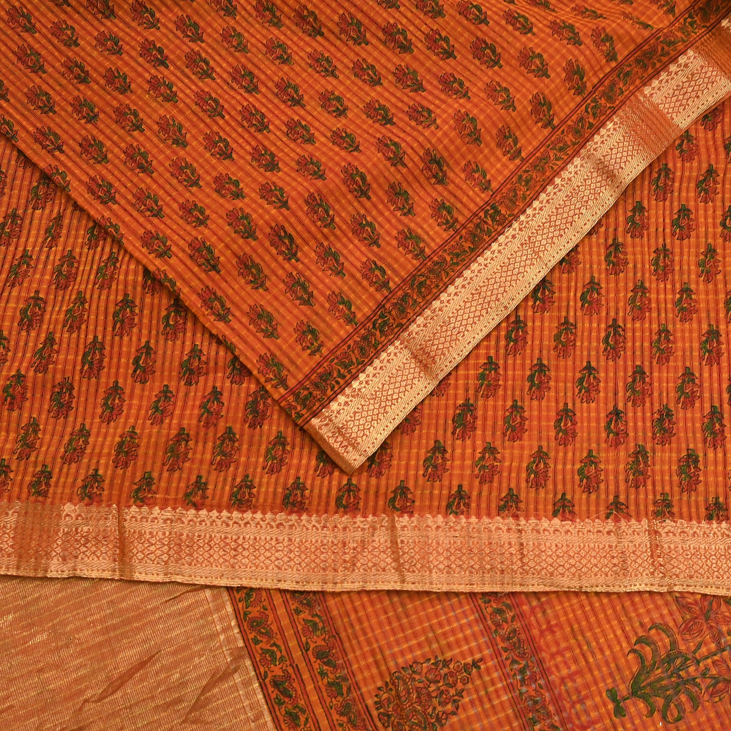Indian Vintage Sari saffron & red Block Printed Pure Cotton Saree Craft Fabric 6Yd Sewing Sarong Wrap Boho Crafting Upcycle Quilting Zari