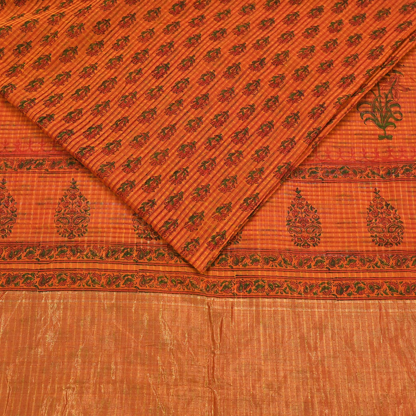 Indian Vintage Sari saffron & red Block Printed Pure Cotton Saree Craft Fabric 6Yd Sewing Sarong Wrap Boho Crafting Upcycle Quilting Zari