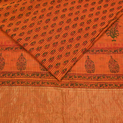 Indian Vintage Sari saffron & red Block Printed Pure Cotton Saree Craft Fabric 6Yd Sewing Sarong Wrap Boho Crafting Upcycle Quilting Zari