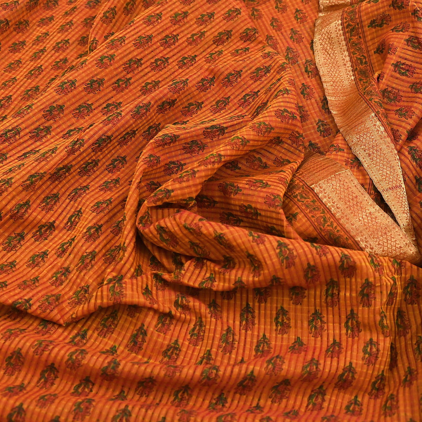 Indian Vintage Sari saffron & red Block Printed Pure Cotton Saree Craft Fabric 6Yd Sewing Sarong Wrap Boho Crafting Upcycle Quilting Zari